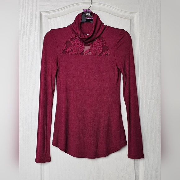 Anthropologie Tops - Anthropologie E by Eloise Maroon Ribbed Lace Turtleneck Long-Sleeve Top XS